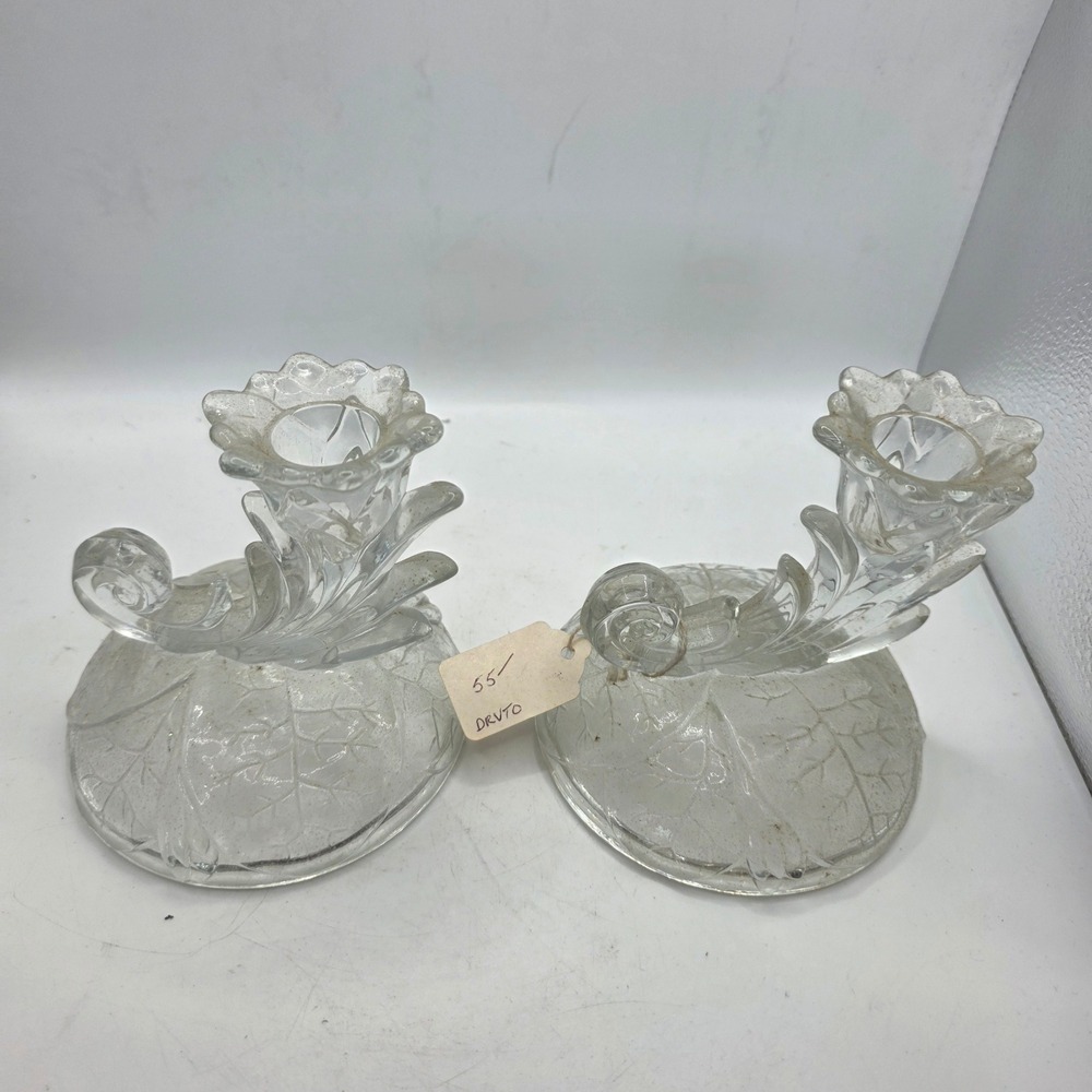 Vintage Fostoria Clear Glass Floral Scroll Candlestick Holders Pair Candle Holde